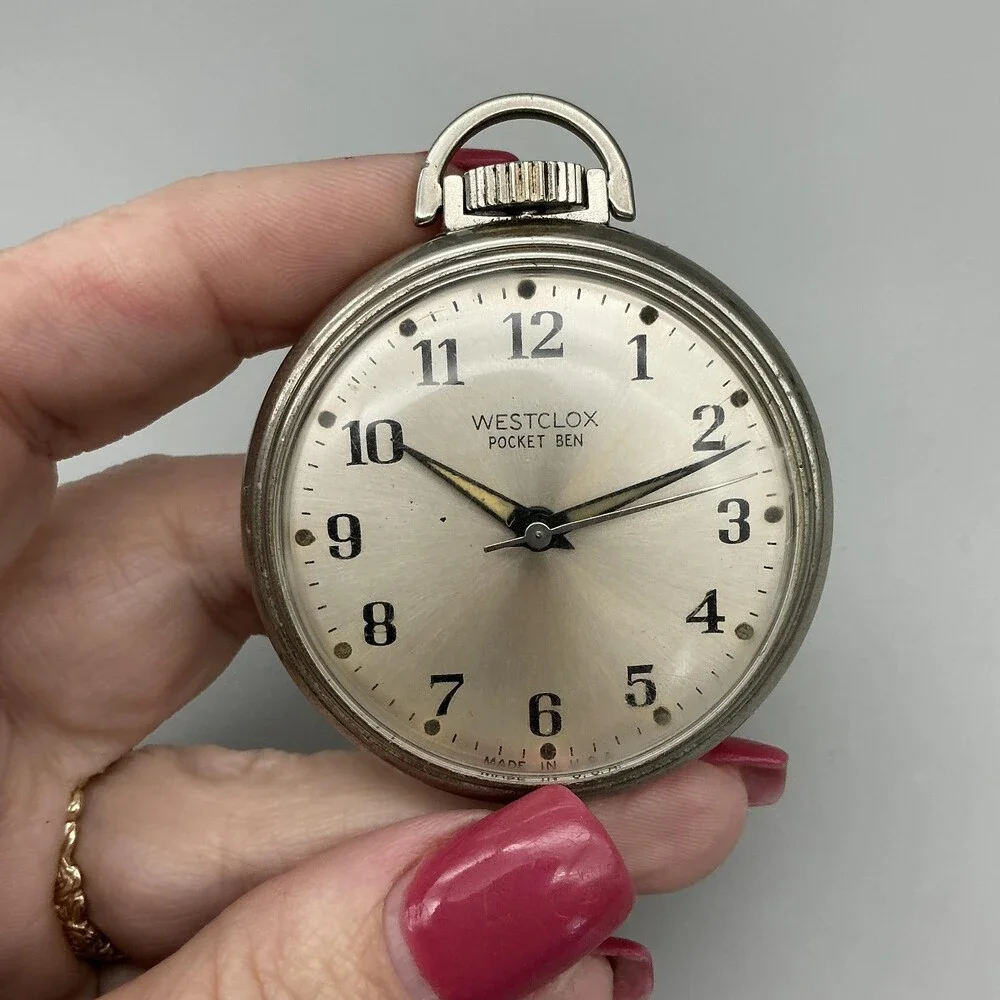 Vintage Westclox Pocket Ben Pocket Watch Men 50mm Silver Tone Manual Wind